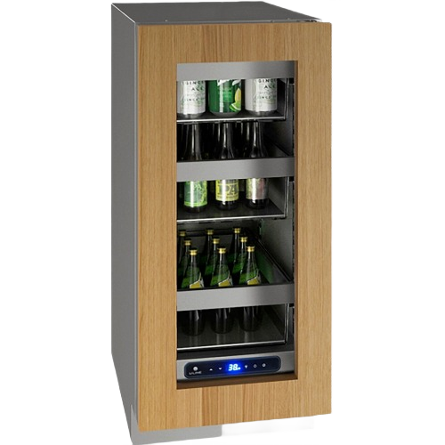 Compact beverage refrigerator with wooden frame, glass door, adjustable shelves, and digital temperature display in appliances collection