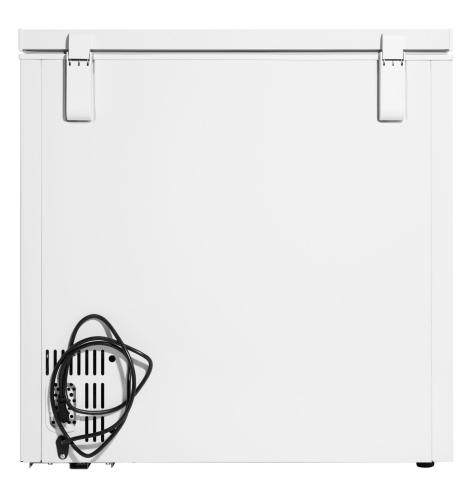 Side view of white chest freezer showing power cord and ventilation in kitchen appliance and freezer collection setting