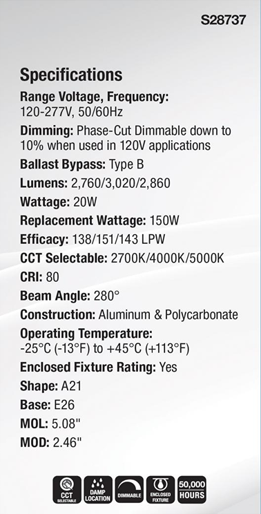 20 Watt LED A21 bulb with dimmable feature, selectable color temperature, aluminum and polycarbonate build, E26 base