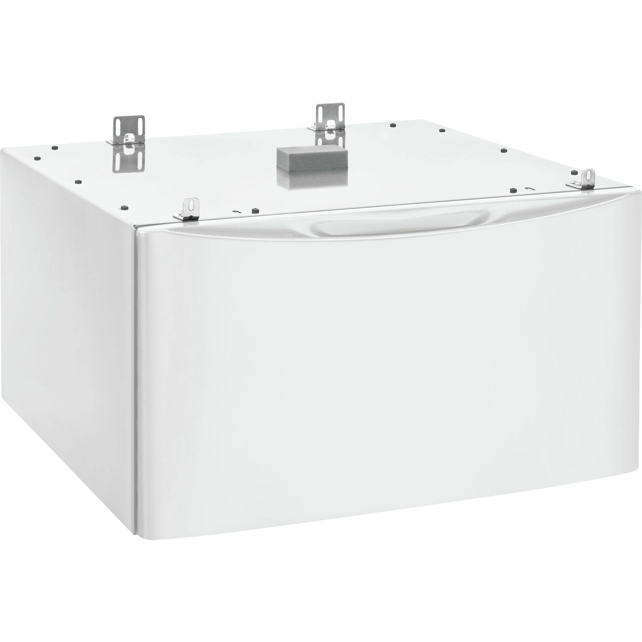 White laundry pedestal with spacious drawer and metal mounting brackets for appliance support and storage organization