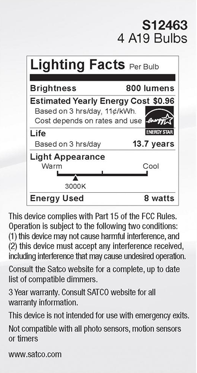 Lighting facts label for A19 LED bulb showing 800 lumens, 8 watts, 3000K warm light, and 13.7 years lifespan estimates