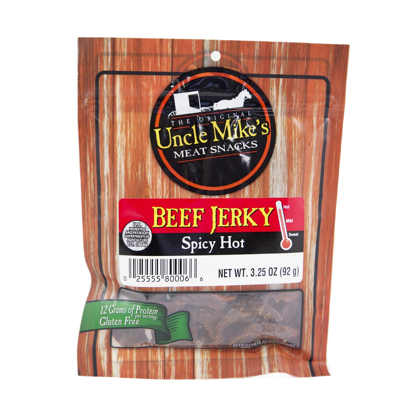 Package of Uncle Mike's spicy hot beef jerky, gluten-free snack with 12 grams protein in Food & Beverage collection