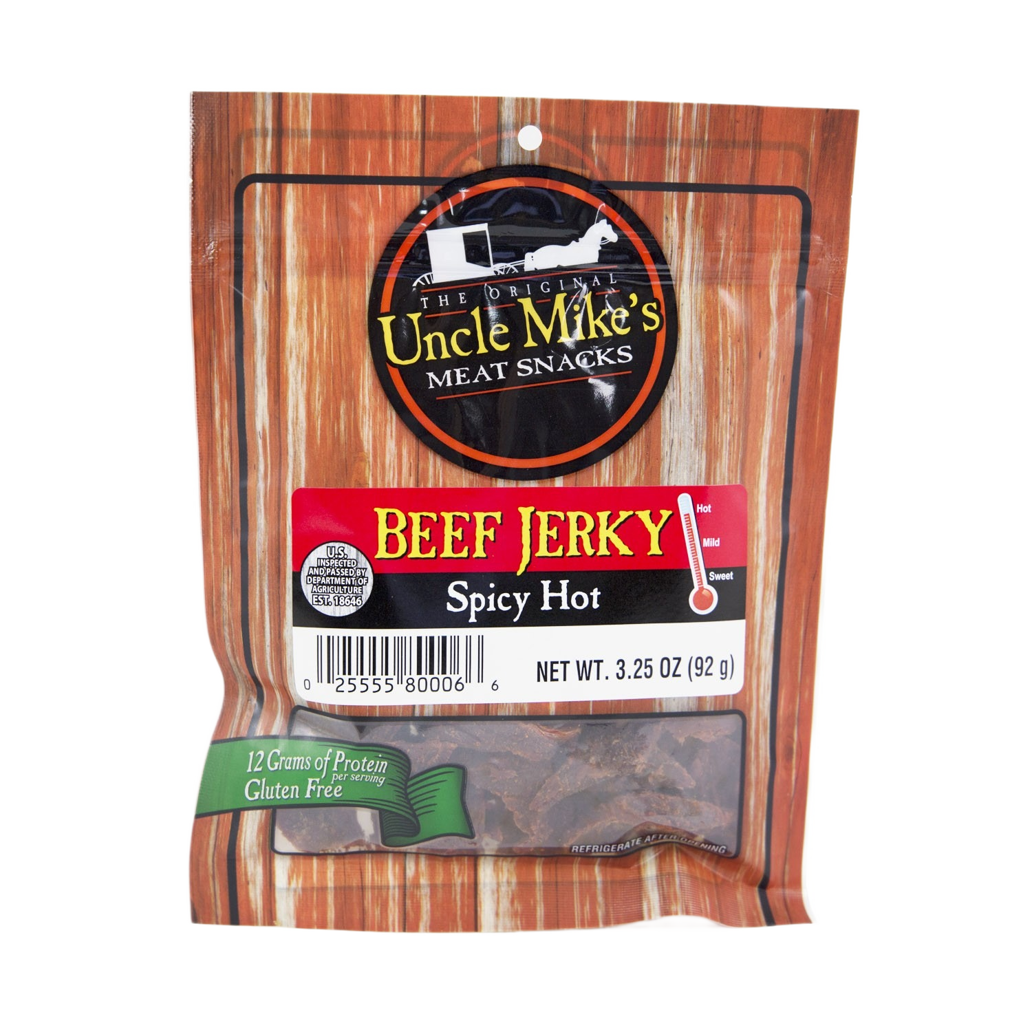 Package of Uncle Mike's spicy hot beef jerky, gluten-free snack with 12 grams protein in Food & Beverage collection