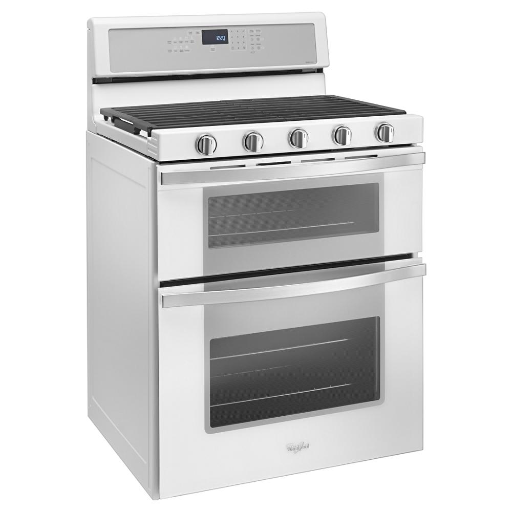 white gas double oven range with five control knobs and digital display in kitchen appliances collection