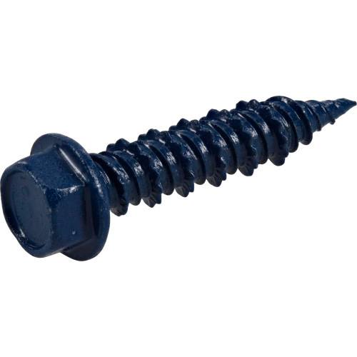 Close-up of a dark blue hex washer-head screw for home improvement and hardware fastener applications