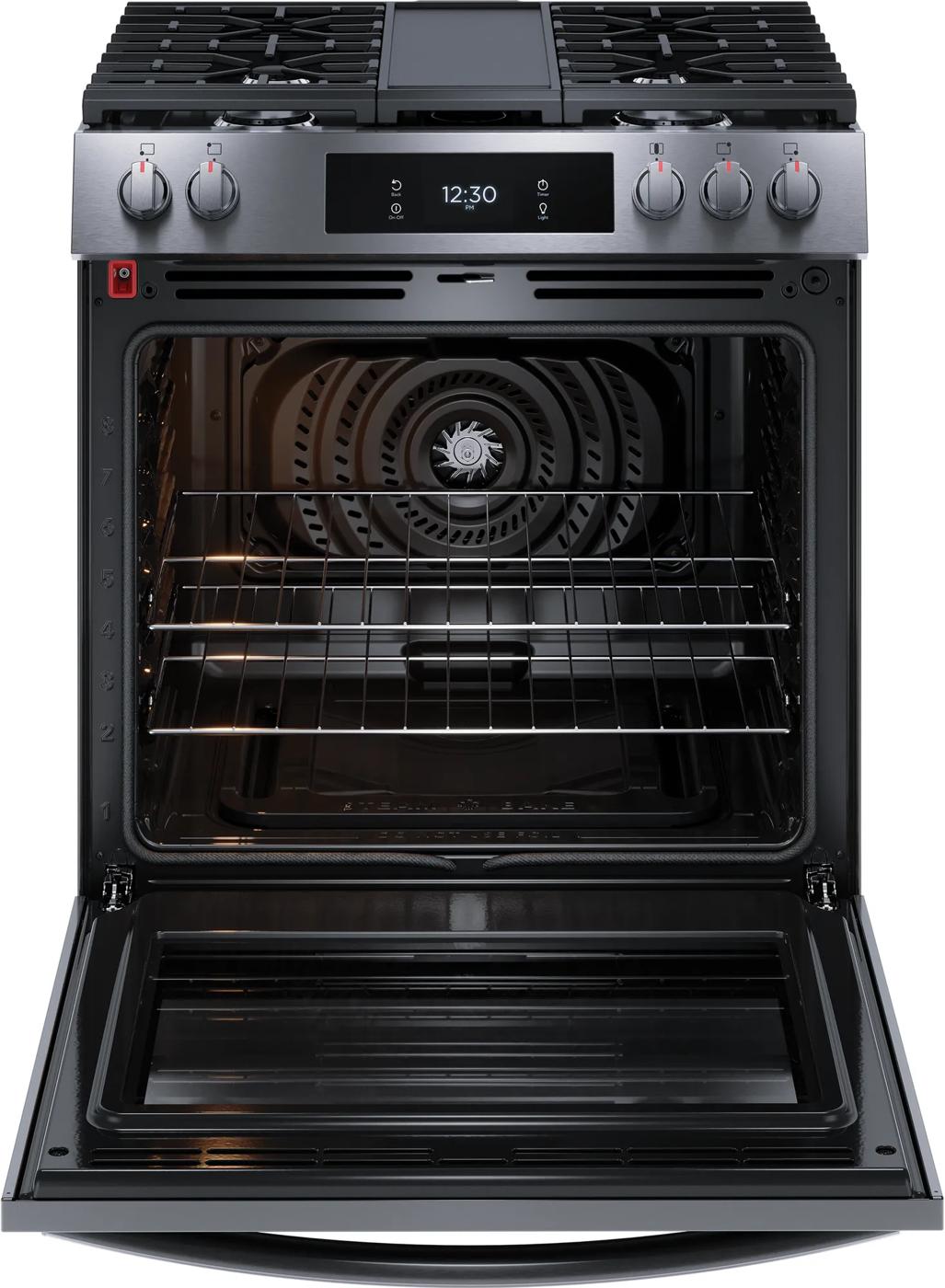 Modern front control gas range with convection oven and digital display, part of kitchen appliances and ranges collection