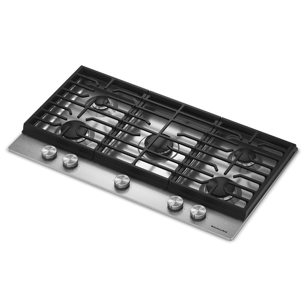 36-inch stainless steel gas cooktop with five burners and edge-to-edge black cast-iron grates, featuring weighted control knobs, ideal for kitchen appliances and home improvement.