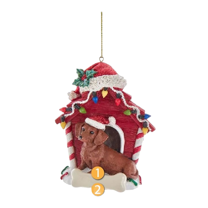 Brown dachshund figurine wearing Santa hat inside red dog house ornament with colorful Christmas lights