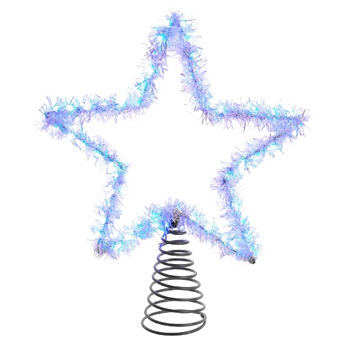 Cool white and silver tinsel star tree topper with spring base for festive holiday decor and home decoration