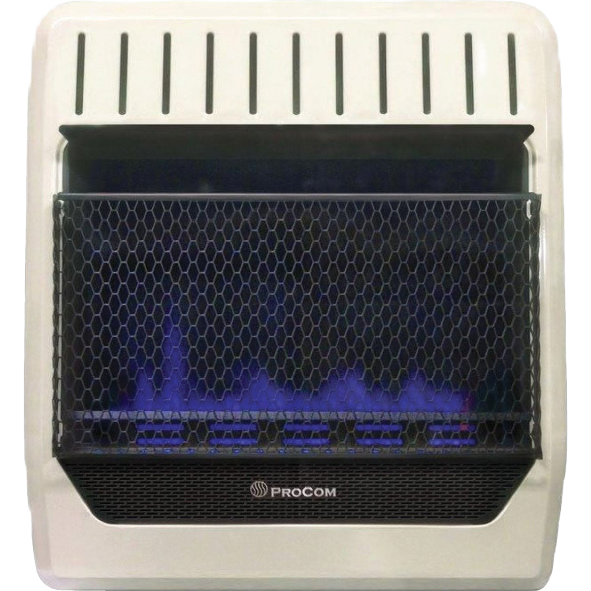 Wall-mounted vent-free heater with blue flame burner and protective metal mesh grill in All Products collection