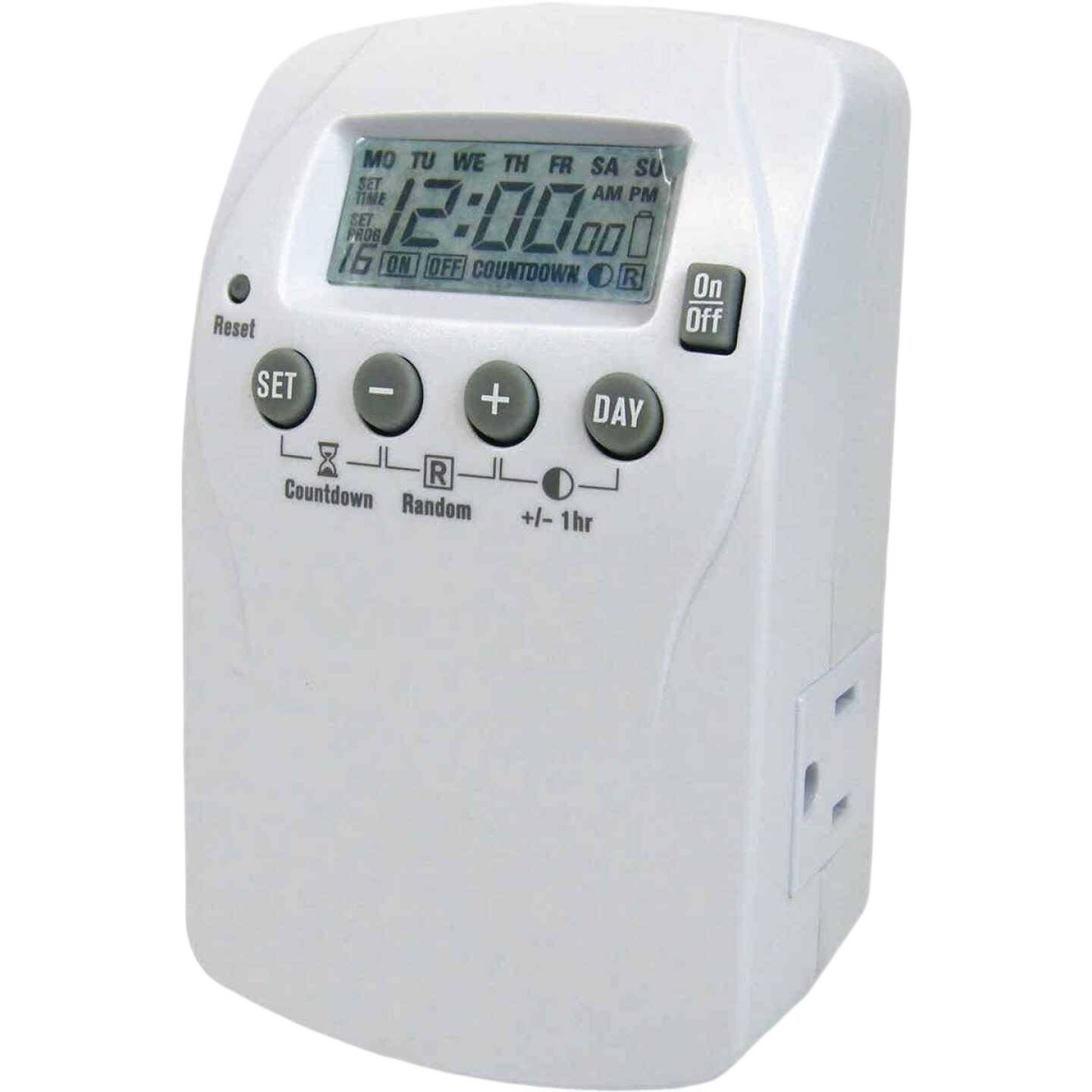 White digital indoor timer with day and countdown settings for home improvement and electrical use