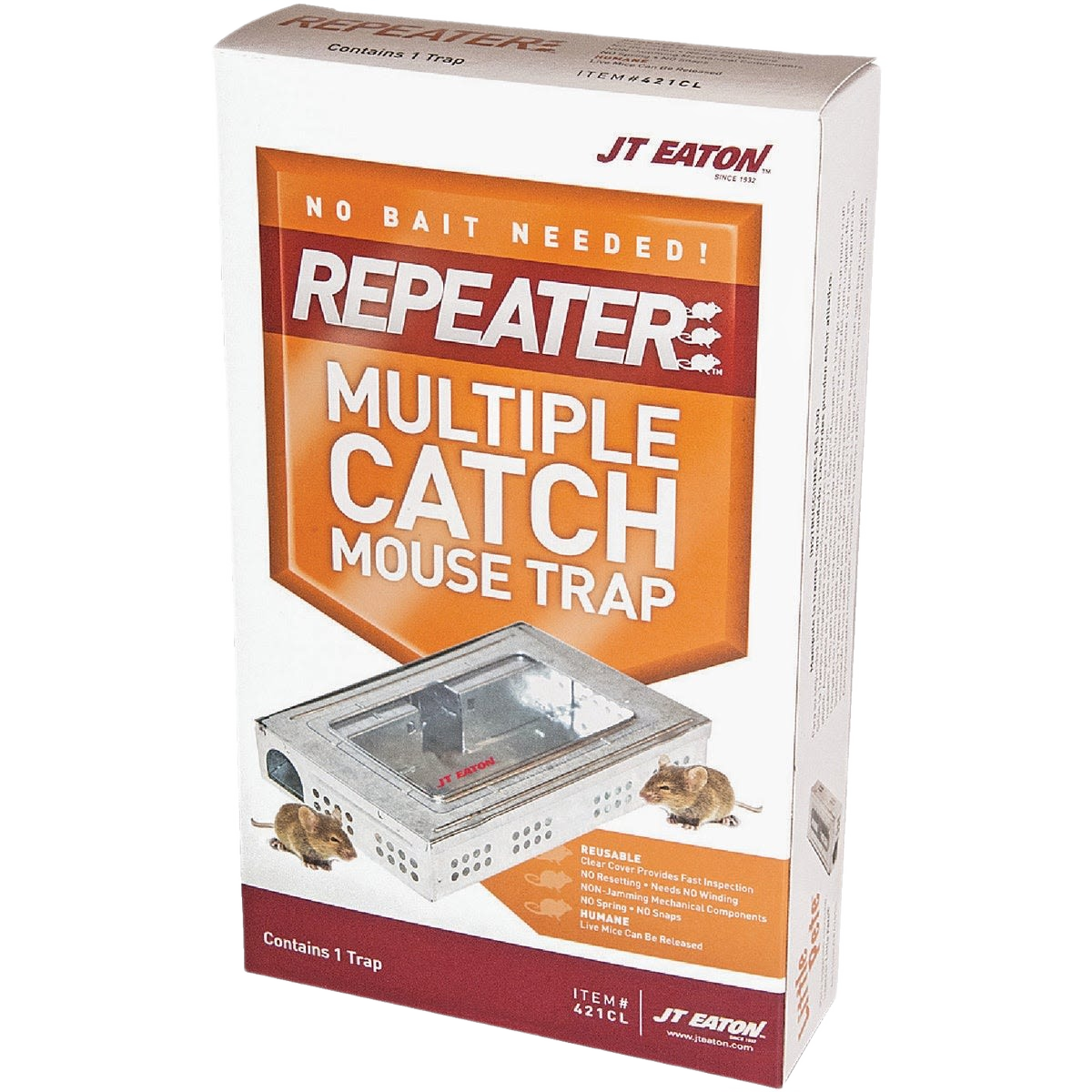 Boxed JT Eaton repeater mechanical multiple catch mouse trap with clear inspection window for pest control and lawn care under $50 collection