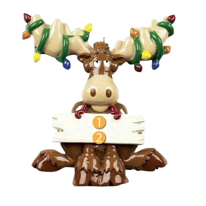 Cheerful moose ornament with colorful Christmas lights on antlers holding a wooden sign for holiday tree decor under $50 collection