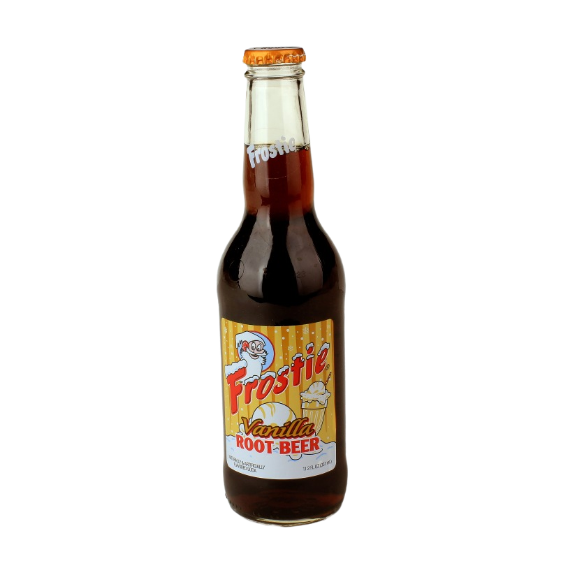 12 oz glass bottle of Frostie vanilla root beer soda for refreshment in food and beverage collections under $25