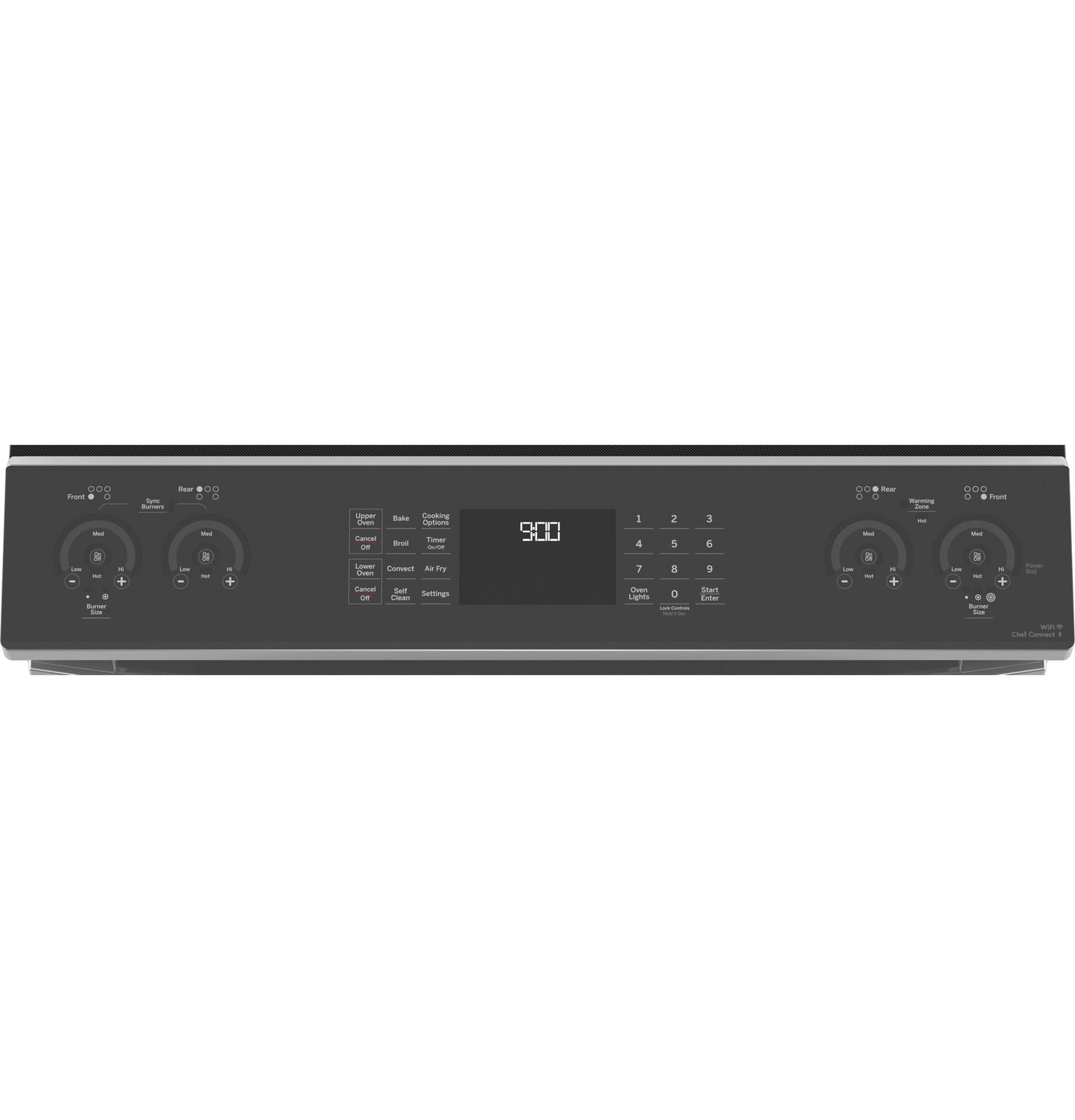 Control panel of black slide-in electric double oven range with digital display and rotary knobs from kitchen appliances collection