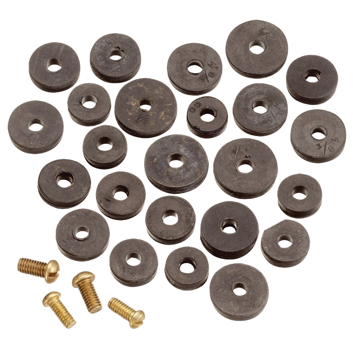 Assorted flat faucet washers in multiple sizes with brass screws for plumbing repair and home improvement projects