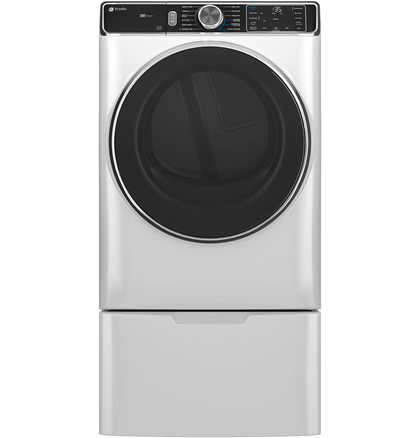 White smart front load electric dryer with large black door and digital control panel for home appliance collection