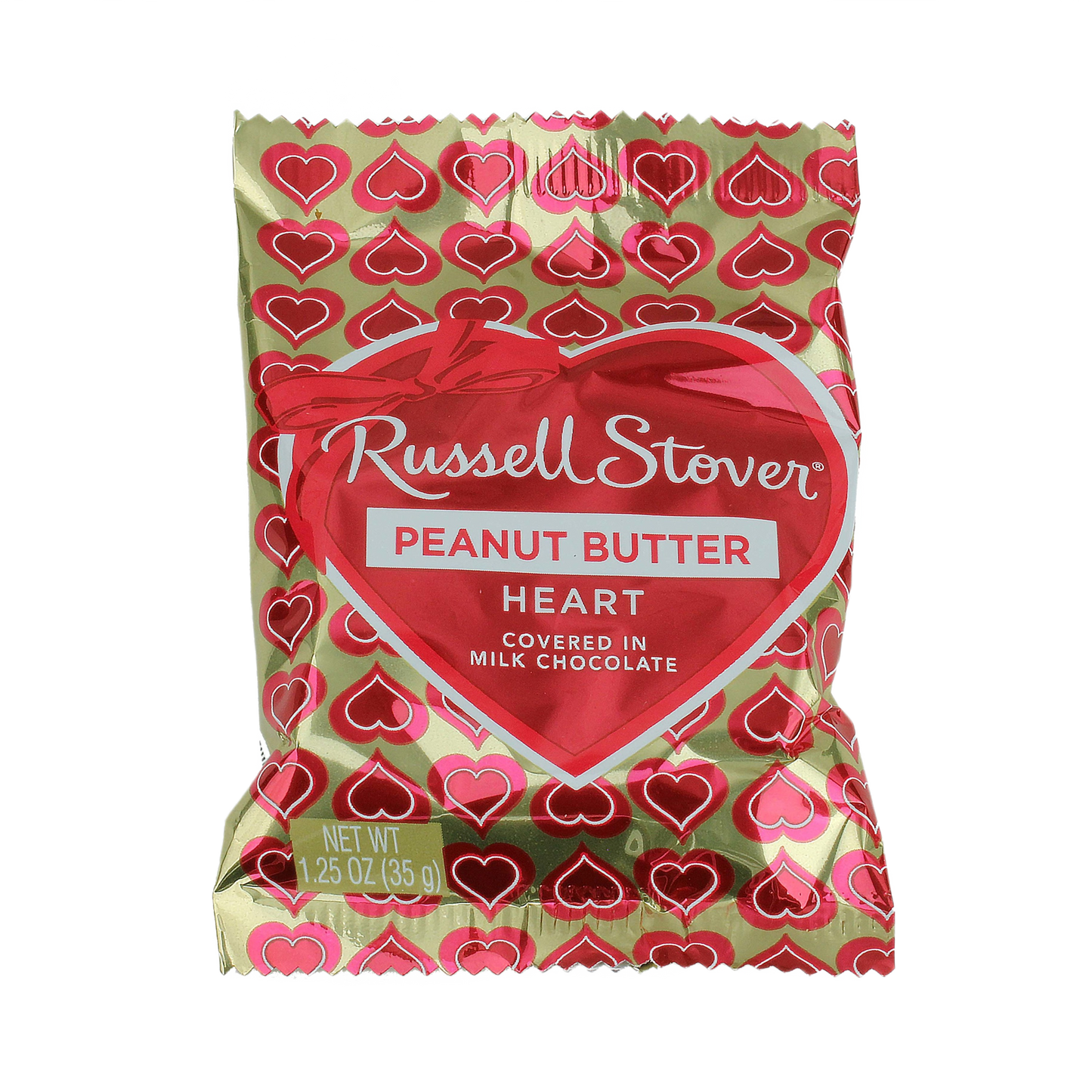 Individually wrapped heart-shaped milk chocolate treat filled with creamy peanut butter in festive packaging