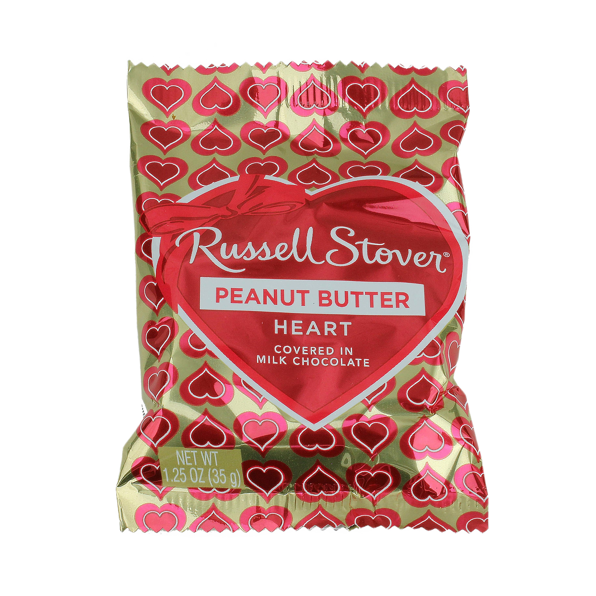 Individually wrapped heart-shaped milk chocolate treat filled with creamy peanut butter in festive packaging