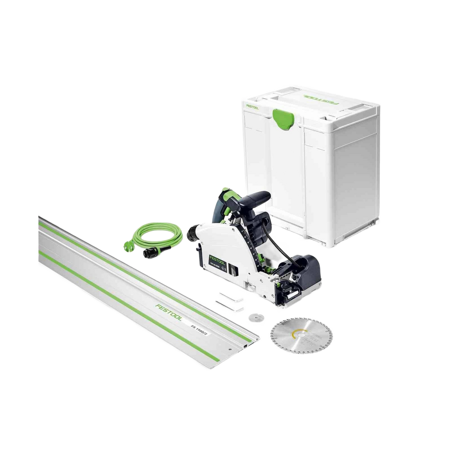 Plunge cut track saw kit with 75-inch guide rail, case, blade, and power cord for precision woodworking tools under $50 collection