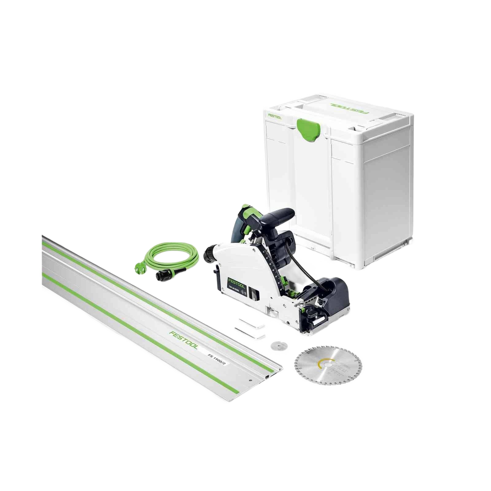 Plunge cut track saw kit with 75-inch guide rail, case, blade, and power cord for precision woodworking tools under $50 collection