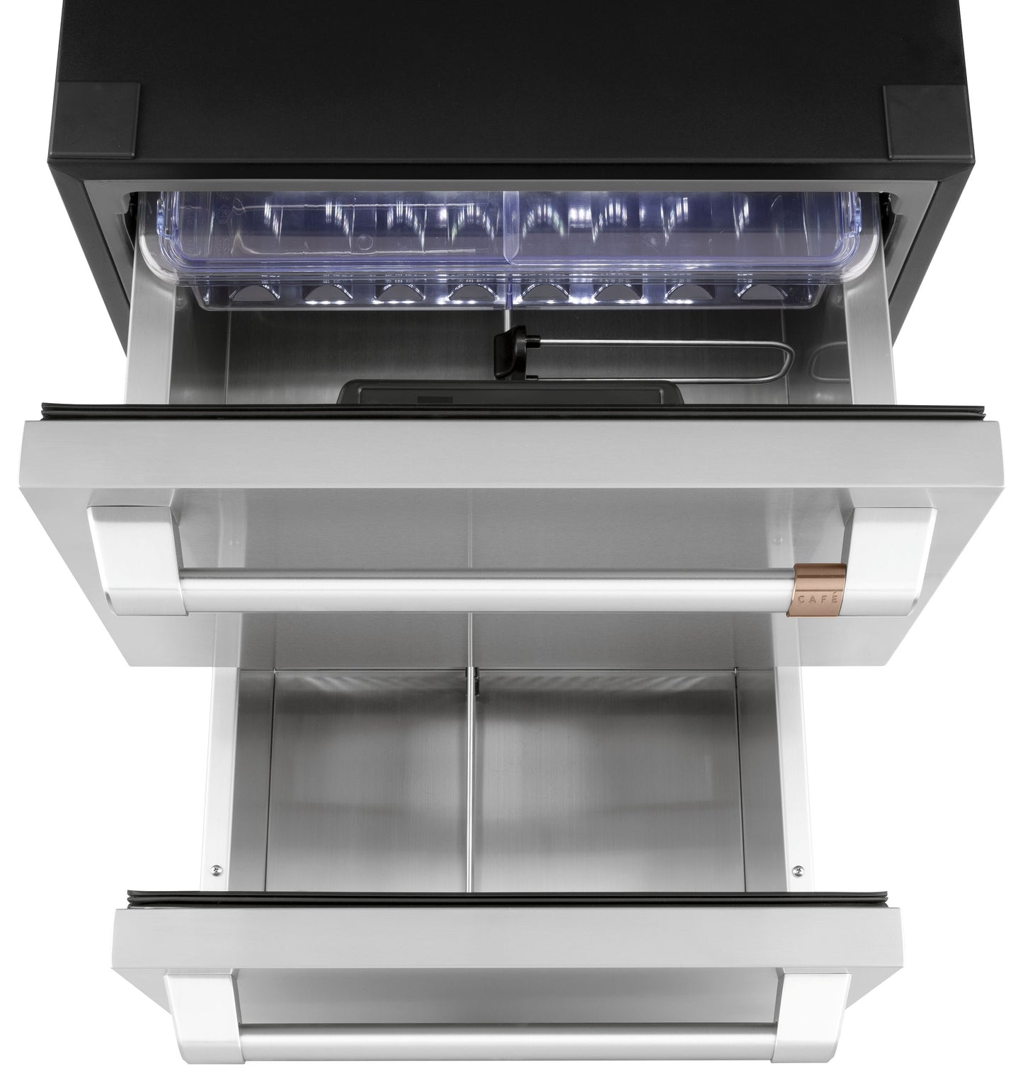 Open upper drawer of stainless steel built-in dual-drawer refrigerator with clear ice tray from kitchen appliances collection