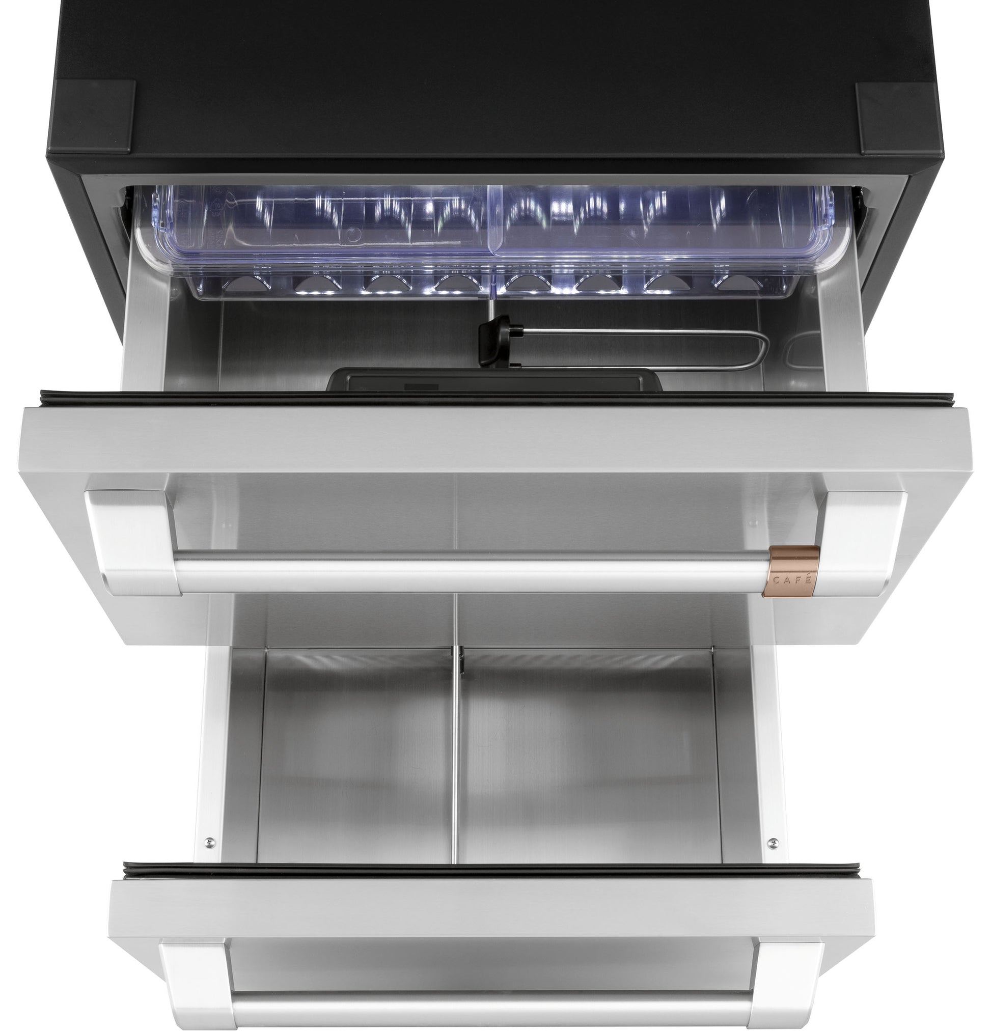 Open upper drawer of stainless steel built-in dual-drawer refrigerator with clear ice tray from kitchen appliances collection