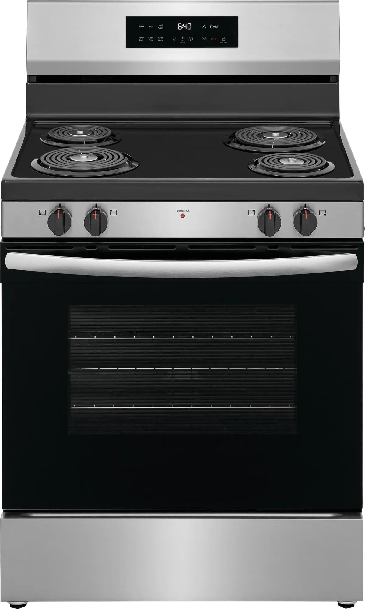 freestanding electric range with coil burners, digital touch controls, and large oven in kitchen appliances collection