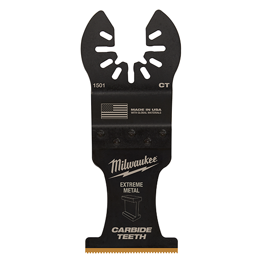 Black oscillating tool blade with carbide teeth for cutting extreme metal in woodworking and power tool accessories.