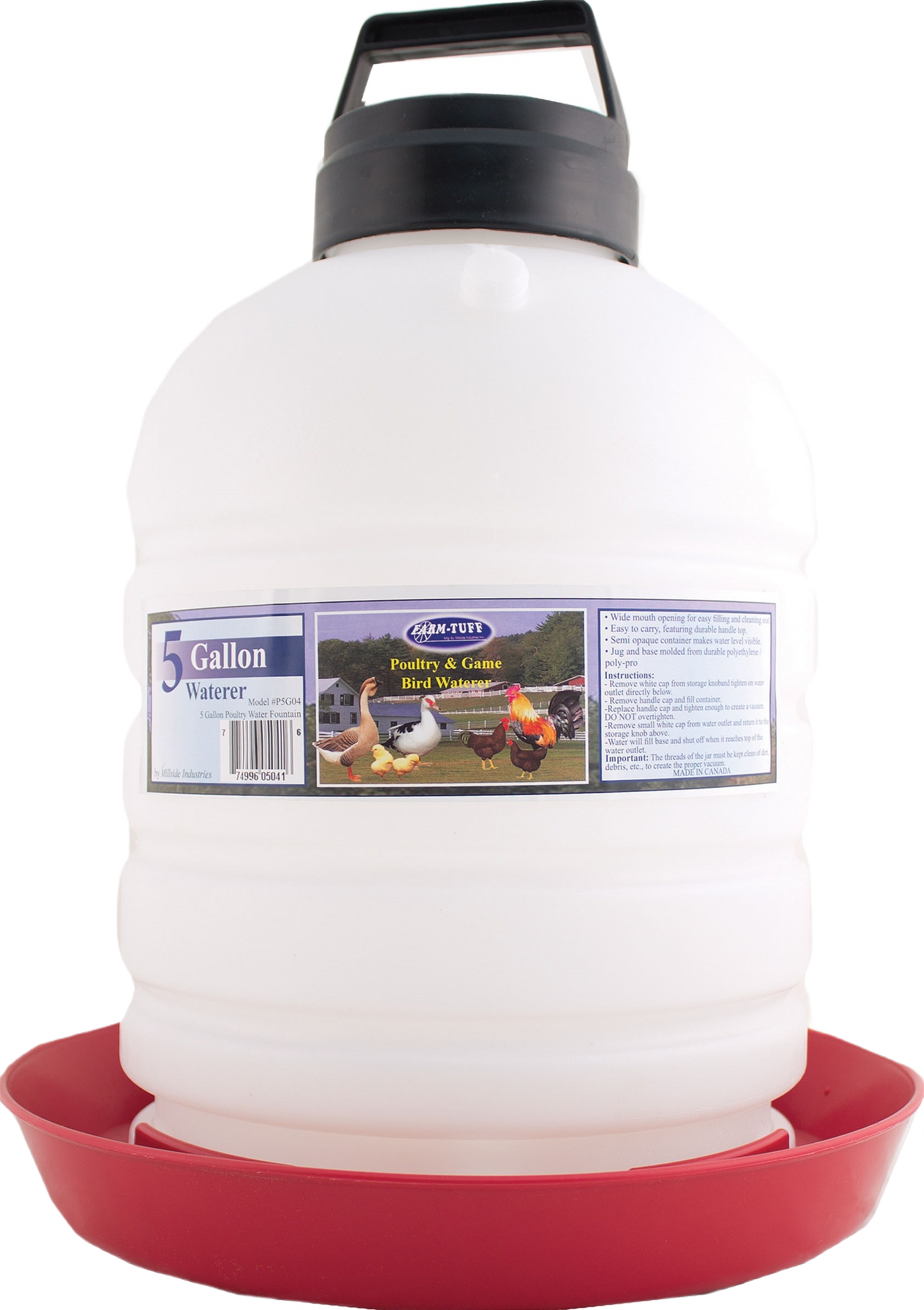 5-gallon white poultry waterer with red base and black handle for farm animal and livestock supply use
