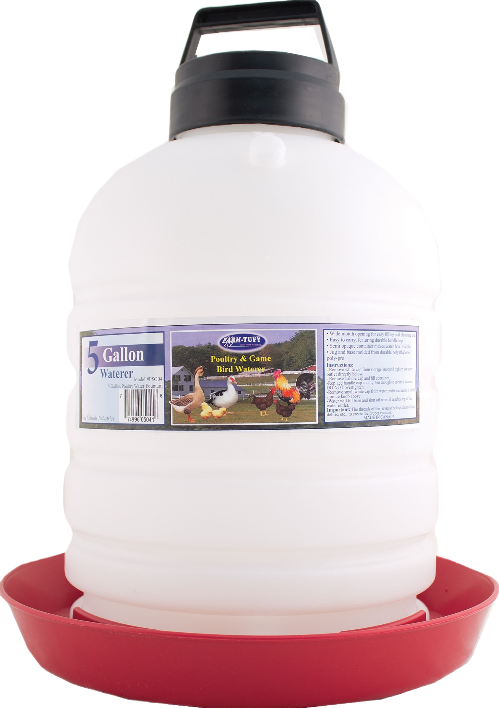 5-gallon white poultry waterer with red base and black handle for farm animal and livestock supply use
