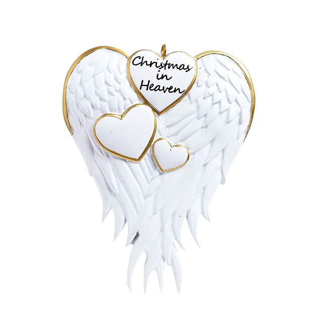White angel wings ornament with gold-trimmed hearts and "Christmas in Heaven" message under $50 collection
