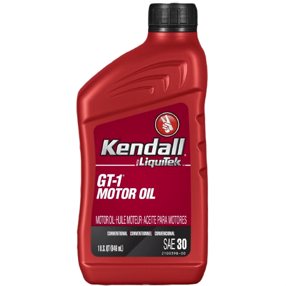 Red plastic quart container of Kendall GT-1 motor oil SAE 30 for automotive fluids and lubricants supplies collection