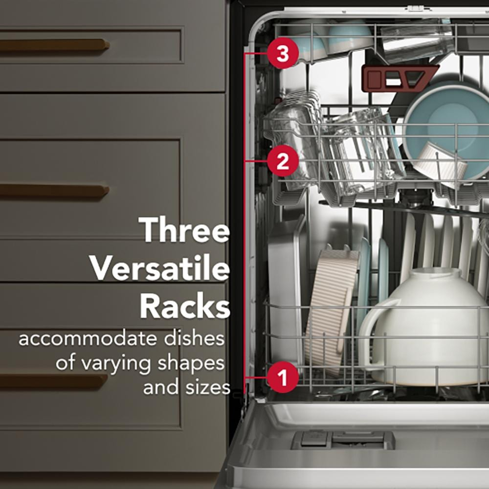 Open dishwasher showcasing three versatile racks designed to hold dishes of different shapes and sizes in a modern kitchen setting