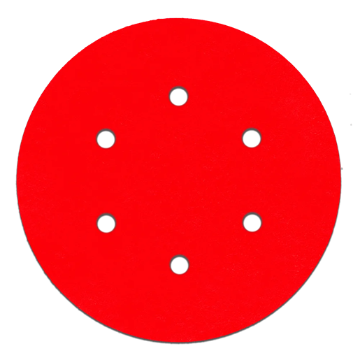 Red 6-inch sanding disc with six dust extraction holes for power tool accessories and home improvement use