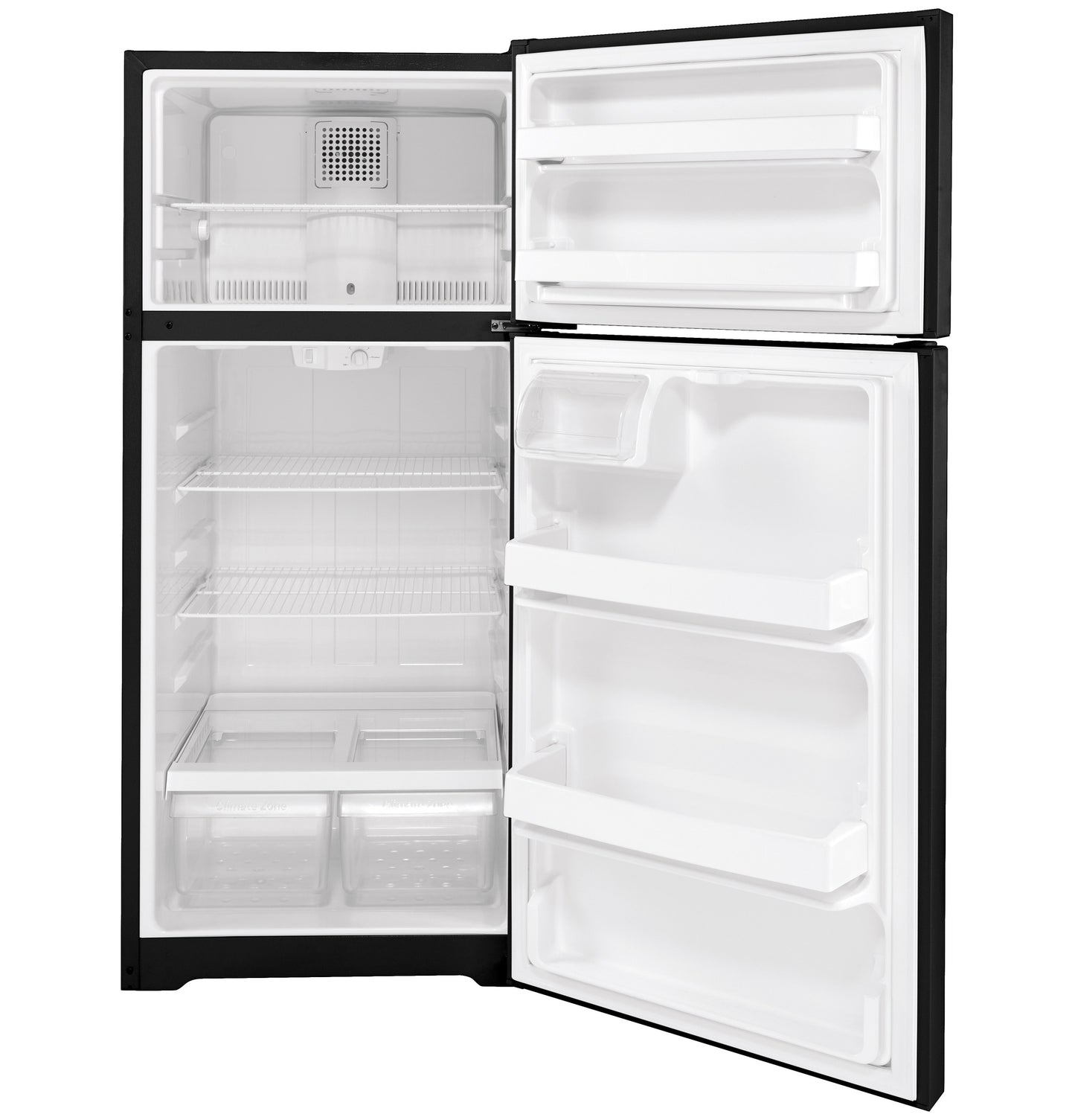 Black top-freezer refrigerator with adjustable wire shelves, clear crisper drawers, and door storage compartments