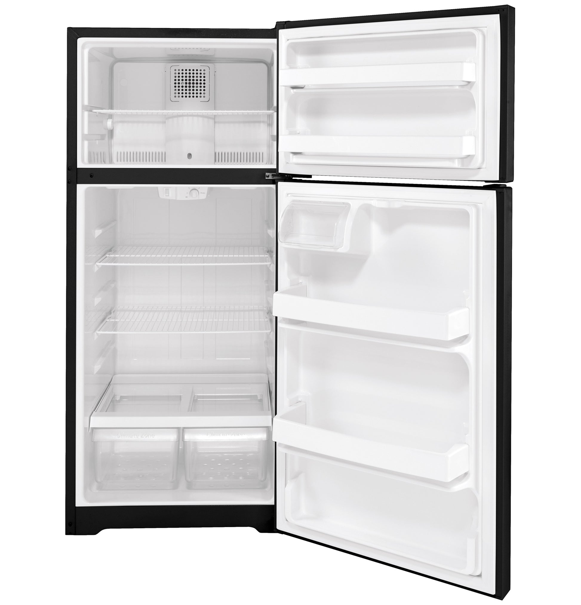 Black top-freezer refrigerator with adjustable wire shelves, clear crisper drawers, and door storage compartments