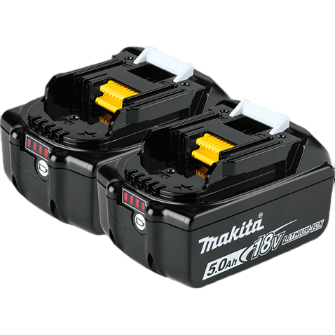 Pair of black Makita 18V lithium-ion 5.0 Ah rechargeable batteries for tools and home improvement use