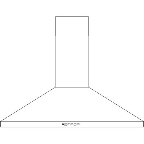 Minimalist line drawing of a wall-mount pyramid chimney hood for kitchen and home improvement appliances.