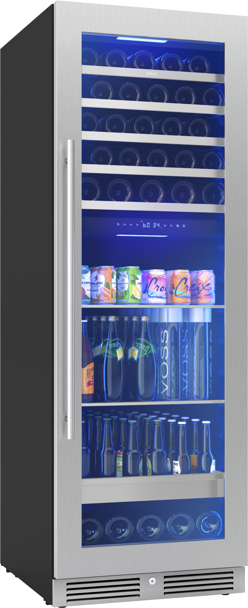 Full-size stainless steel dual zone beverage center with glass door, LED lighting, and wood racks in kitchen appliances collection