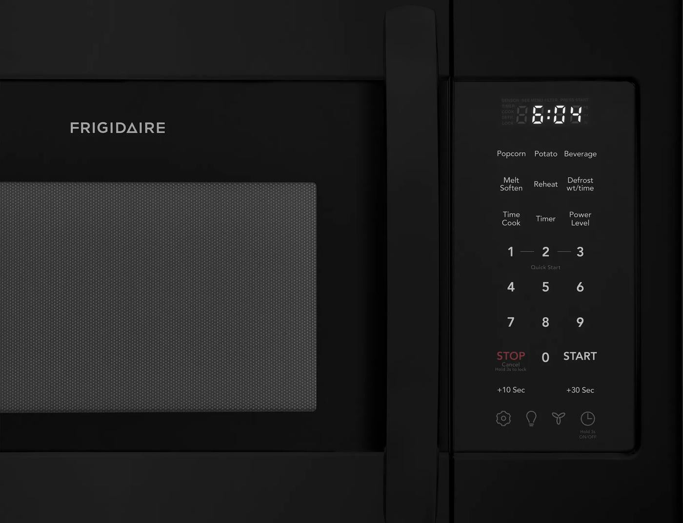 Black over-the-range microwave control panel with digital clock and quick start cooking options from Microwaves collection