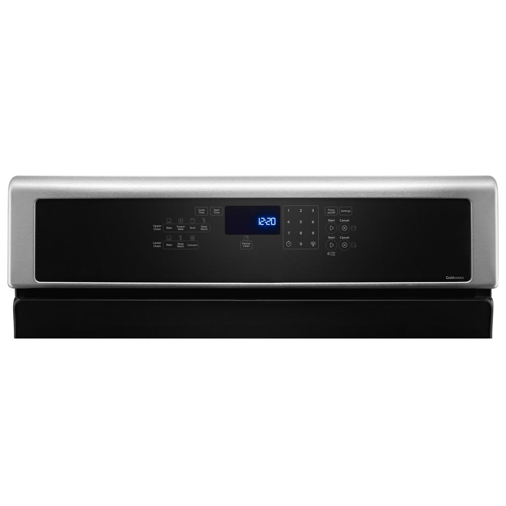 Stainless steel control panel with digital clock and touchpad controls for double oven gas range from Ranges collection