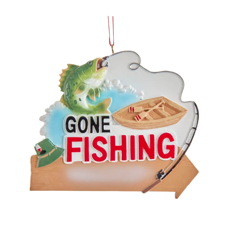 Personalized fishing ornament with a green fish, wooden boat, fishing rod, and green hat with “Gone Fishing” text