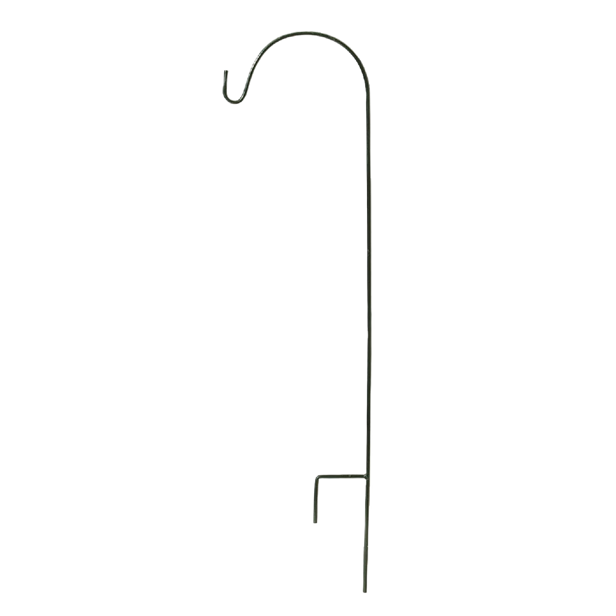 Black steel rod shepherd hook with curved top and ground stake for hanging floral baskets in garden settings