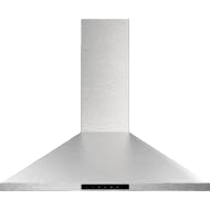 stainless steel 36-inch wall mounted chimney hood with digital control panel in kitchen appliances collection