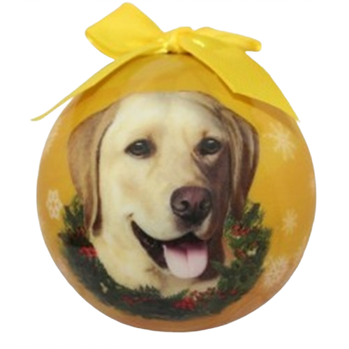 Yellow Christmas ball ornament featuring a Labrador with holiday wreath and festive snowflake design under $50 collection