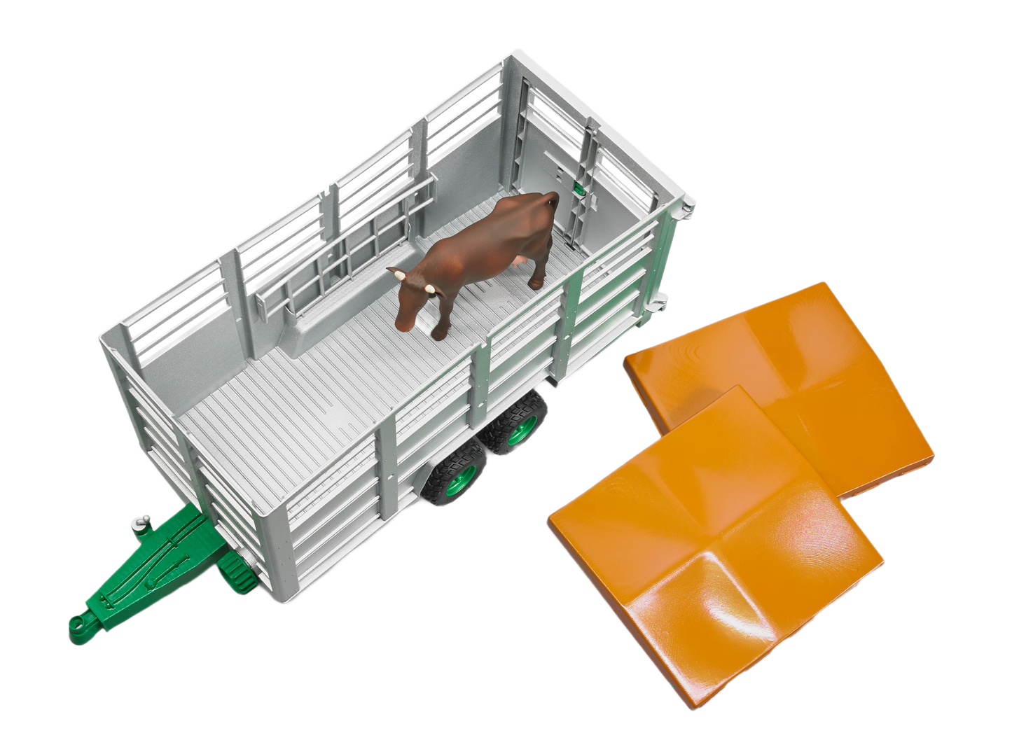 Gray toy livestock trailer with green hitch and wheels, featuring brown and black cow figure and two removable orange roof panels