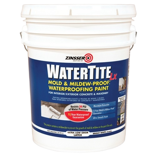 5-gallon container of bright white waterproofing paint for mold and mildew resistance on concrete surfaces