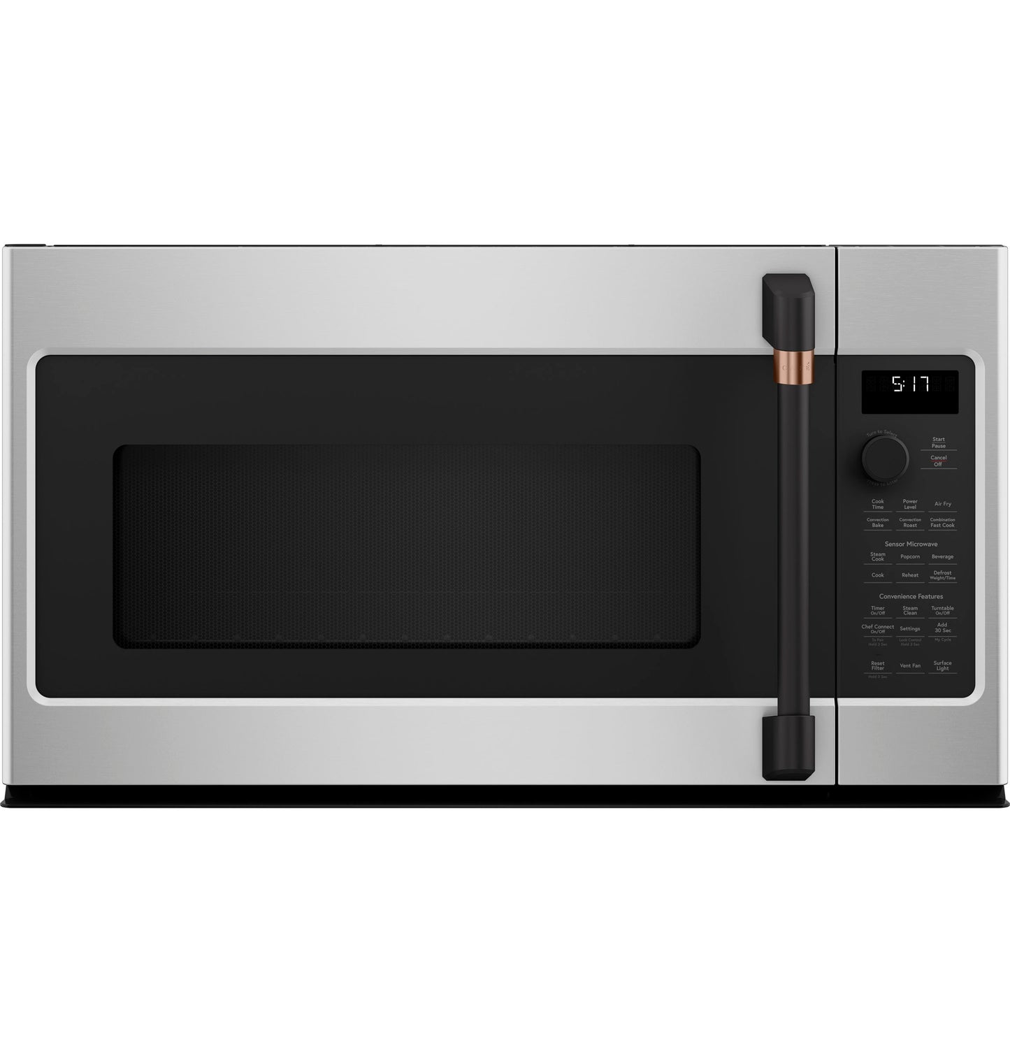 Over-the-range microwave oven in stainless steel with black control panel and copper-accented handle in kitchen appliances