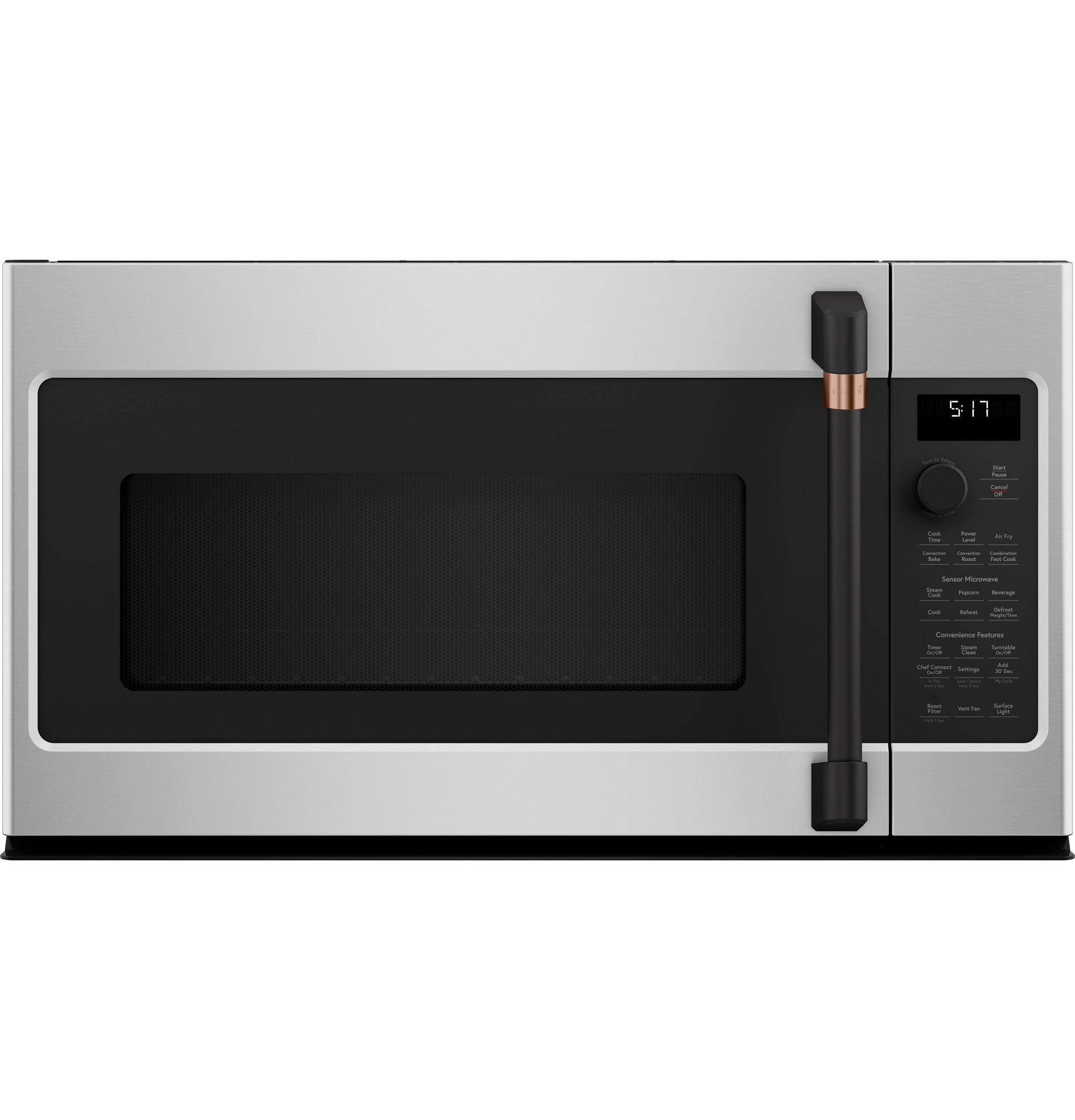 Over-the-range microwave oven in stainless steel with black control panel and copper-accented handle in kitchen appliances